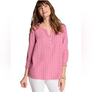 J. Jill  Cotton-Gauze Blouse Top Size L TALL Pink Orange Checkered Spring Casual